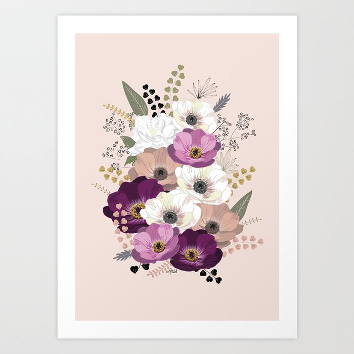 Anemones \u0026 Gardenia floral bouquet Art Print